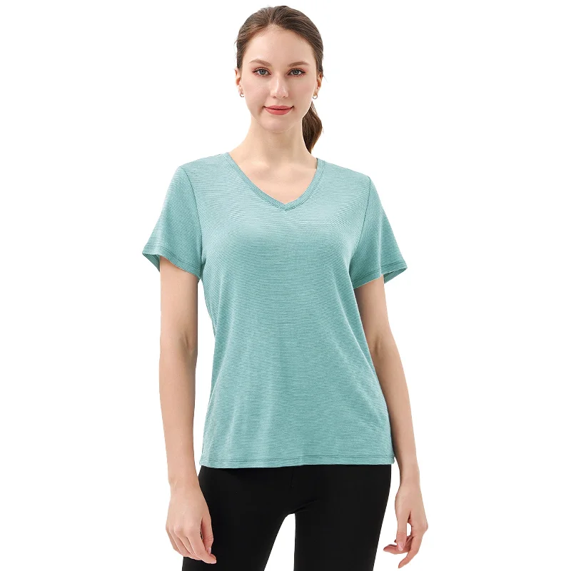 Women’s 100% Merino Wool V Neck T-Shirt Light Dusty Teal Stripes - MT35 Welt Pockets Slit Pockets