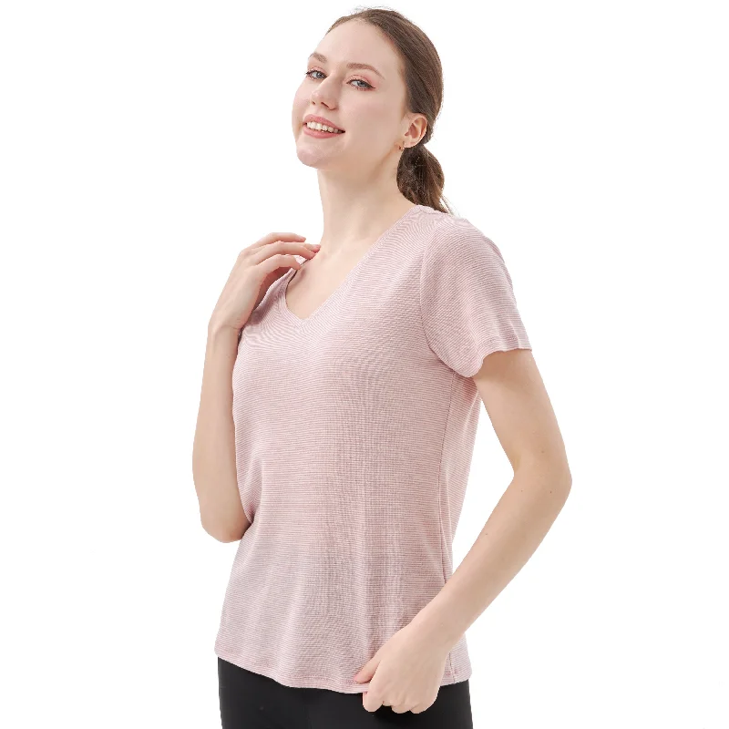 Women’s 100% Merino Wool V Neck T-Shirt Pink White Stripes - MT35 Wool Fabric Cashmere Fabric Tweed Fabric