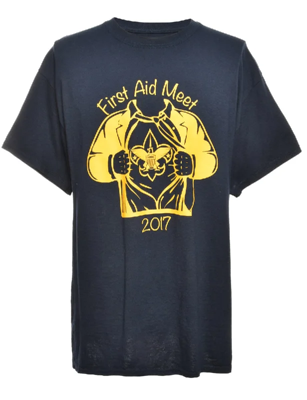 Navy Printed T-shirt - L Mesh Blend Leather Blend Suede Blend