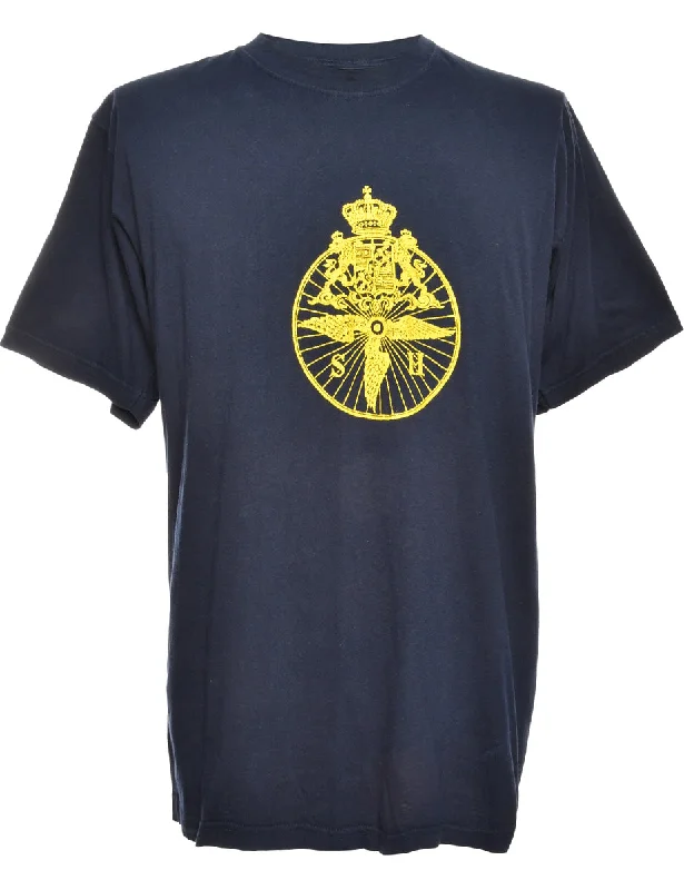 Navy Printed T-shirt - M Cashmere Blend Cotton Blend Poly Blend