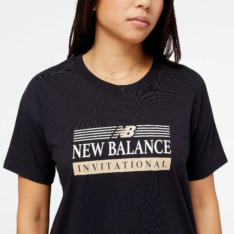 New Balance Women's Sport Core Invitational Cotton Jersey Boxy T-Shirt Striped Floral Plaid