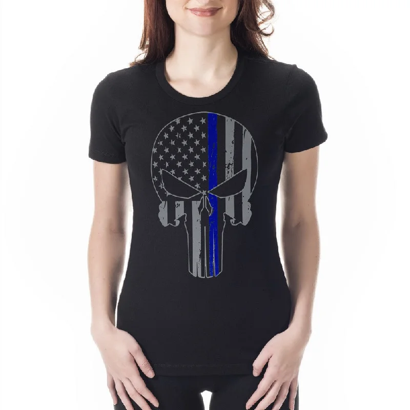 Police Thin Blue Line Skull American Flag - Support Police Department Ladies T-shirt Lace Blend Ribbed Blend Corduroy Blend Police Thin Blue Line Skull American Flag - Support Police Department Ladies T-shirt Lace Blend Ribbed Blend Corduroy Blend