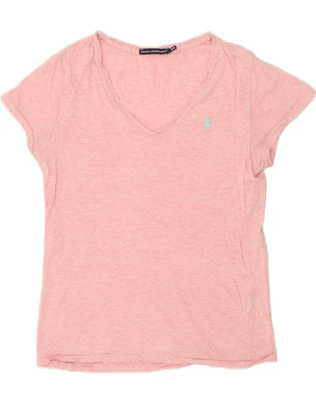 RALPH LAUREN Womens T-Shirt Top UK 12 Medium Pink Flecked Notch Collar Peter Pan Collar Cowl Neck