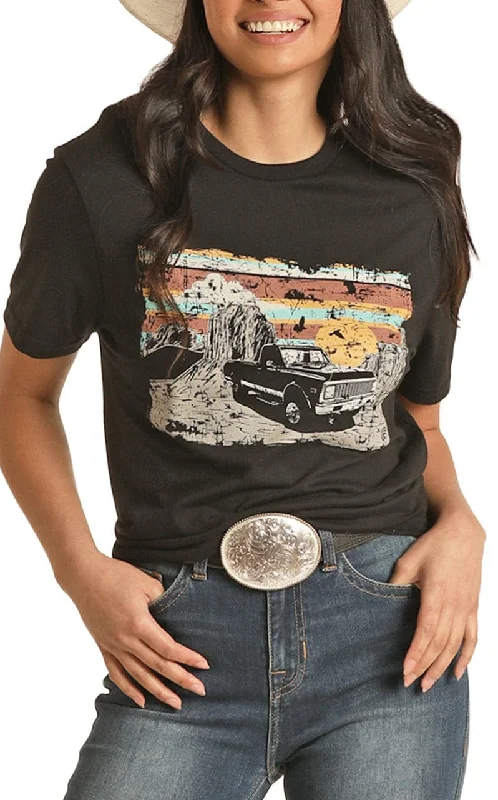 Rock & Roll Cowgirl Women's Black Car and Desert Graphic Tee RRUT21R12L Fleece Nylon Spandex Rock & Roll Cowgirl Women's Black Car and Desert Graphic Tee RRUT21R12L Fleece Nylon Spandex