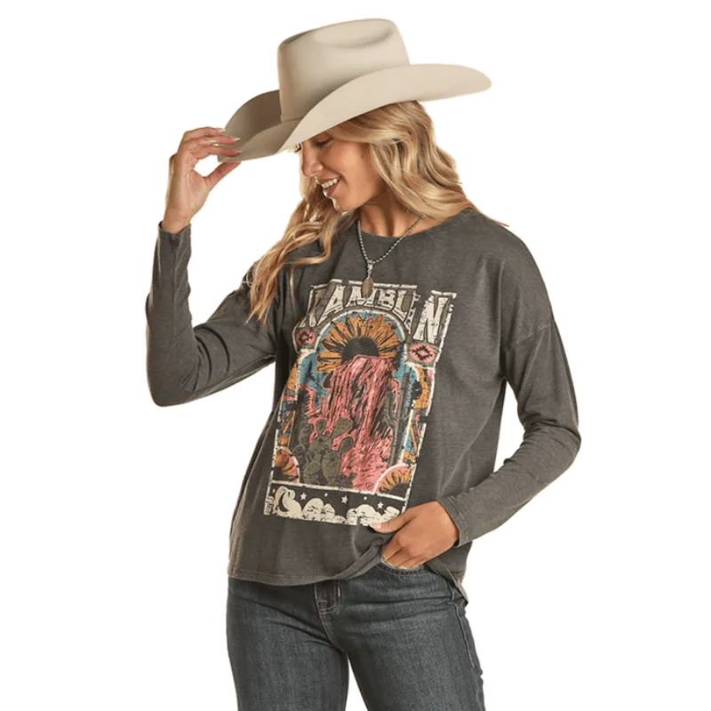 Rock & Roll Cowgirl Women's Ramblin Long Sleeve Graphic T-Shirt BW22T02067 Zippered Buttoned Snapped