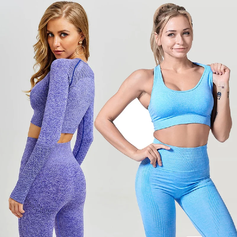 Seamless 2 Piece Women Yoga Set Gym Clothing Fitness Leggings+Cropped Bra Sport Suit Women Long Sleeve Tracksuit Active Wear Comfortable Sports Performance Tights