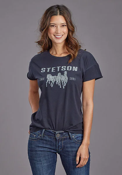 Stetson Women Distressed Running Horse Tee Collared T-Shirt Boat Neck A-Line