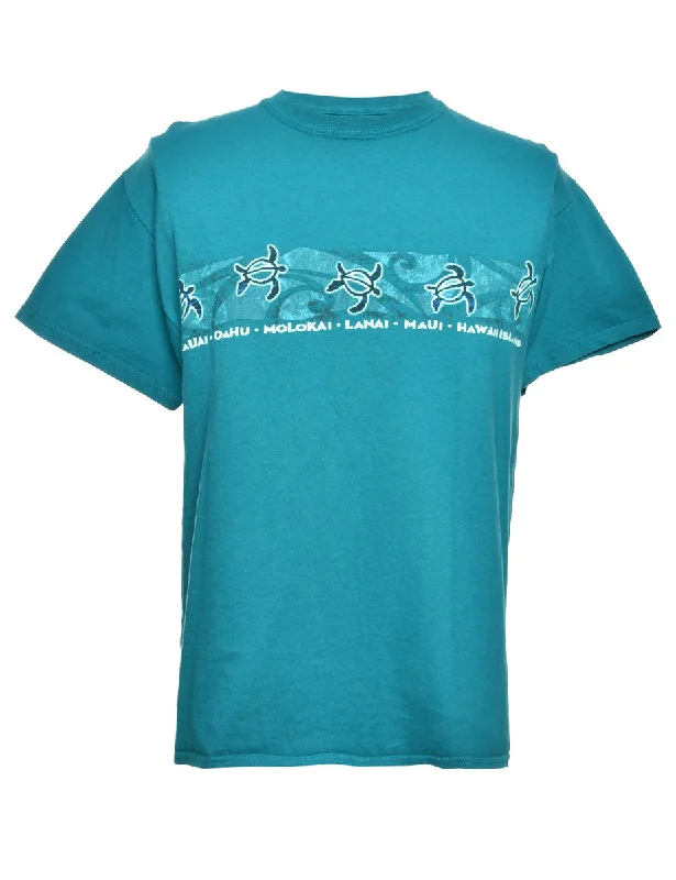 Teal Printed T-shirt - L Zippered Front Buttoned Front Snap Front