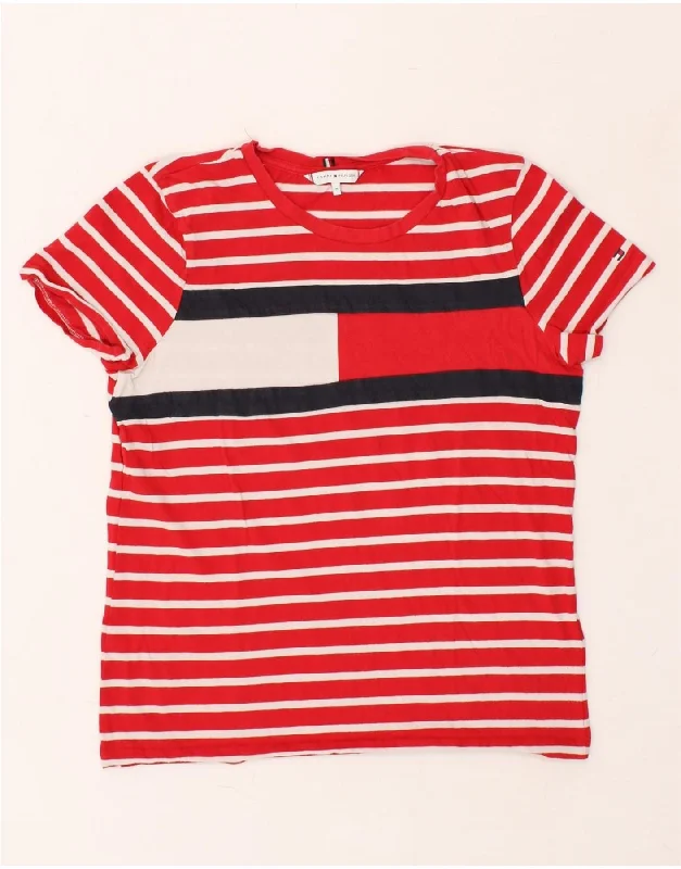 TOMMY HILFIGER Womens T-Shirt Top UK 14 Medium Red Striped Cotton Machine Wash Dry Clean Hand Wash