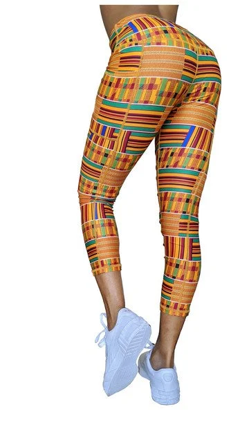 Washoge ESI Kente Print Women's High Waist Leggings w- Pockets Comfortable Wide-Band Leggings