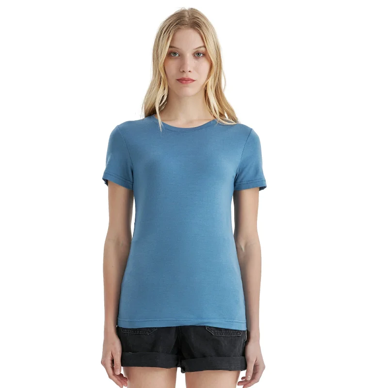 Women’s  100% Merino Wool T-Shirt Lake blue - MT02 Ribbed Striped Patterned