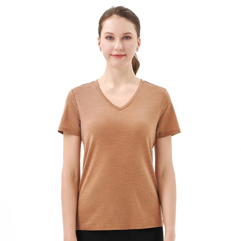 Women’s 100% Merino Wool V Neck T-Shirt Caramel - MT10 Lace Blend Ribbed Blend Corduroy Blend