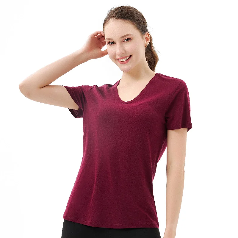 Women’s 100% Merino Wool V Neck T-Shirt Dark Red - MT10 Cashmere Blend Cotton Blend Poly Blend