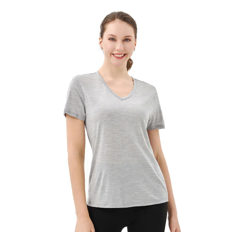 Women’s 100% Merino Wool V Neck T-Shirt Light Grey - MT10 Mesh Fabric Canvas Fabric Denim Fabric