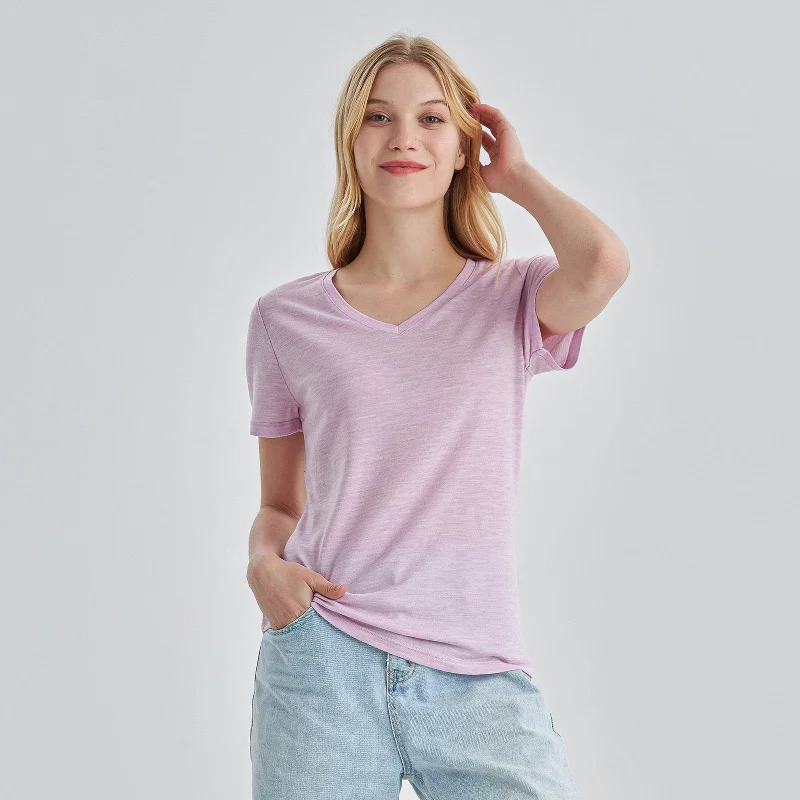 Women’s  100% Merino Wool V Neck T-Shirt Pink Heather - MT10 Rayon Velvet Corduroy