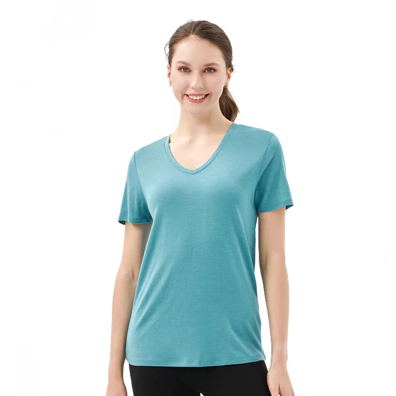 Women’s 100% Merino Wool V Neck T-Shirt Teal - MT10 Solid Color Striped Floral