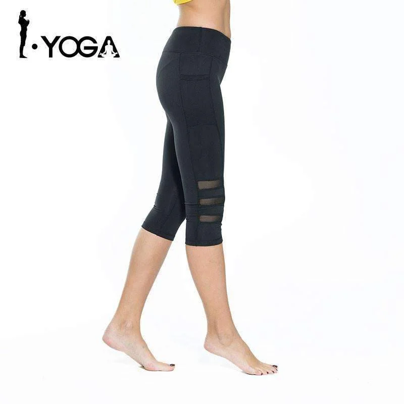 Women's Black Mesh Capri Leggings Trendy Activewear Leggings