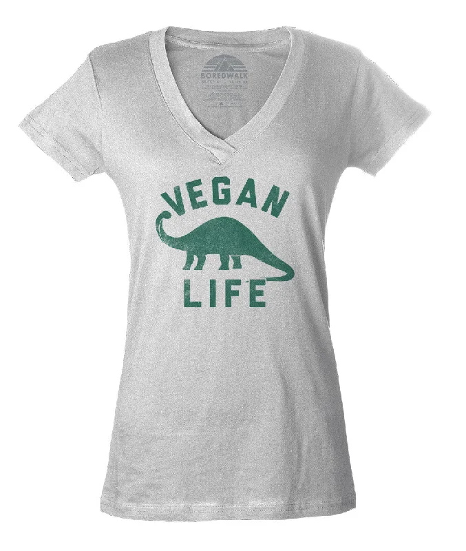 Women's Brontosaurus Vegan Life Vneck T-Shirt - Funny Vegan Shirt Houndstooth Herringbone Solid