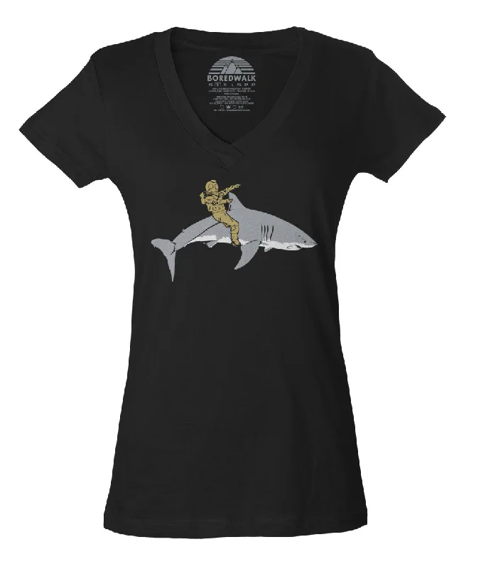 Women's Diver Riding a Shark Vneck T-Shirt - By Ex-Boyfriend Ribbed T-Shirt High Neck Heavyweight