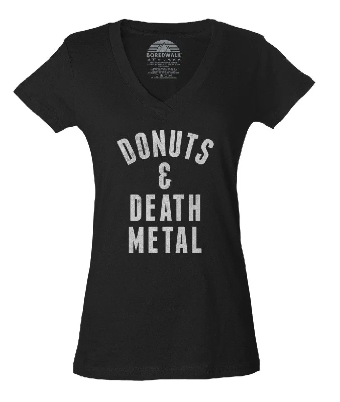 Women's Donuts and Death Metal Vneck T-Shirt Embroidered Appliqued Beaded