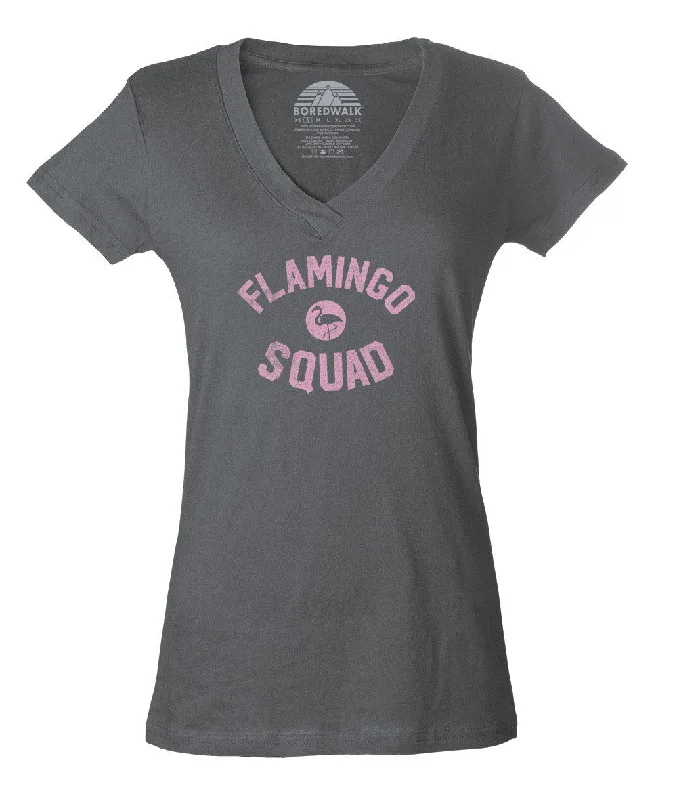 Women's Flamingo Squad Vneck T-Shirt Welt Pockets Slit Pockets