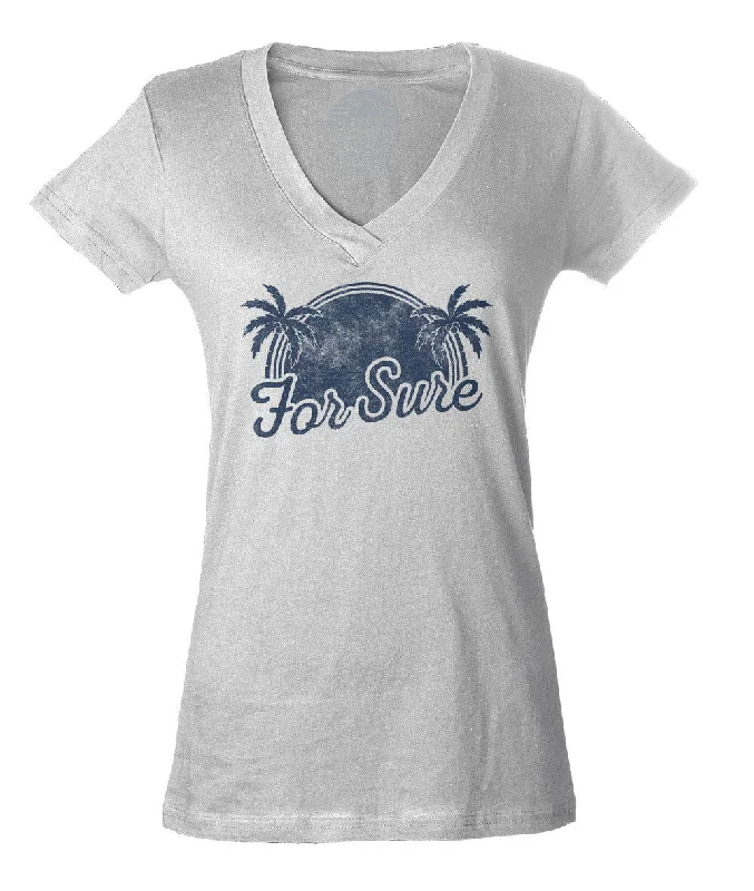 Women's For Sure Vneck T-Shirt - LA California Beach Vacation Palm Trees Asymmetrical Pockets Print