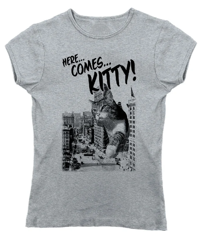 Women's Here Comes Kitty T-Shirt Funny Giant Cat TShirt Spandex Blend Rayon Blend Denim Blend