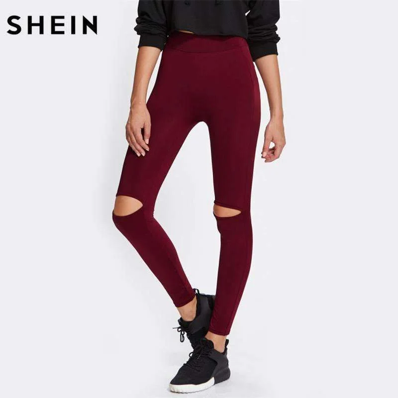 Women's Knee Cut Out Burgundy Leggings Stylish Yoga Leggings