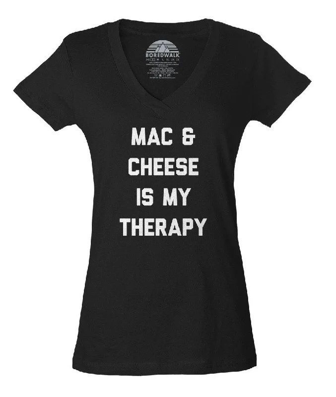 Women's Mac and Cheese Is My Therapy Vneck T-Shirt Chenille Brocade Lace