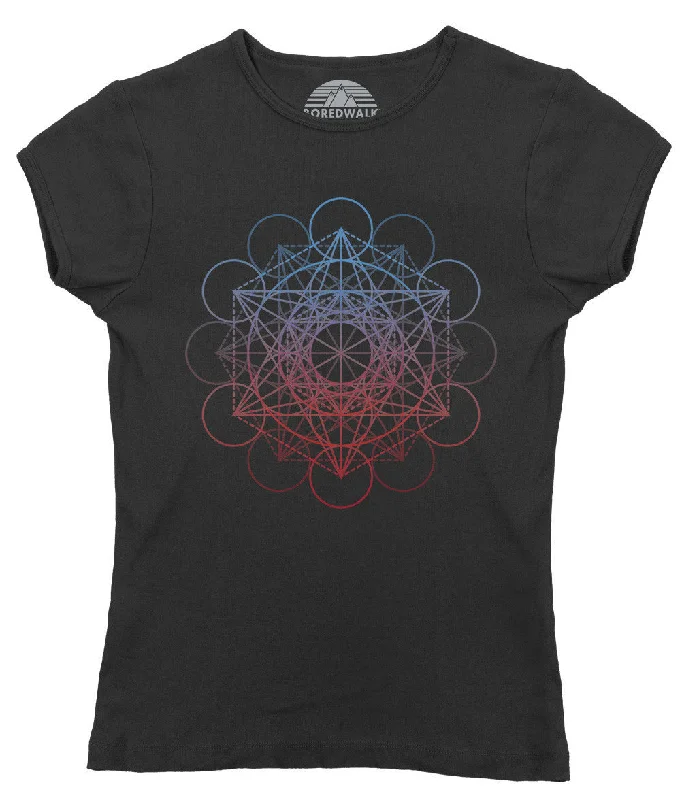 Women's Metatrons Cube Rainbow T-Shirt Geometric Crystal New Age Yoga Anti-Pilling Machine Wash Handmade