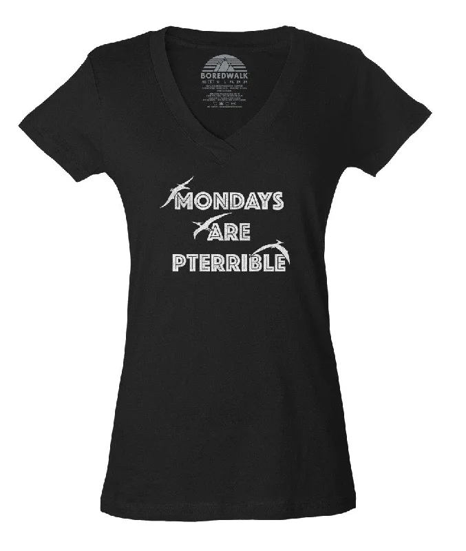 Women's Mondays Are Pterrible Vneck T-Shirt - Funny Dinosaur Shirt Notch Collar Peter Pan Collar Cowl Neck