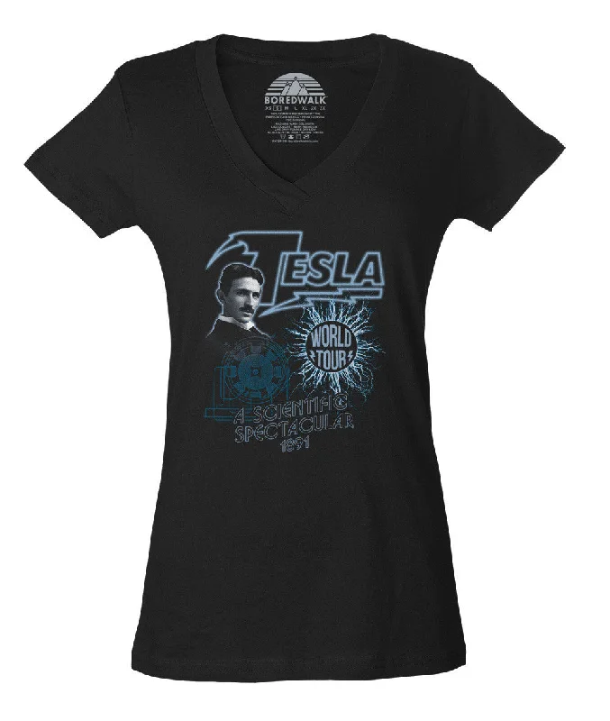 Women's Nikola Tesla World Tour Vneck T-Shirt - Geeky Cool Science Anti-Pilling Machine Wash Handmade