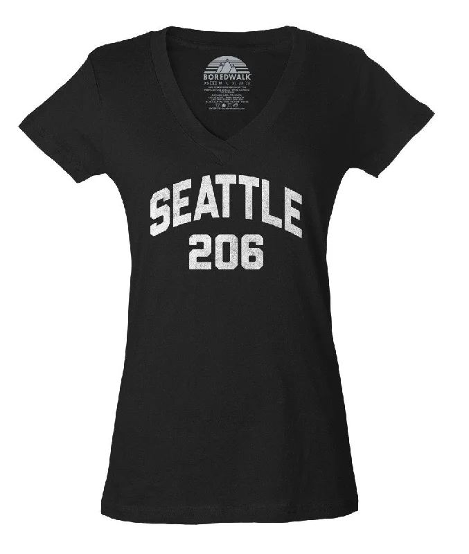 Women's Seattle 206 Area Code Vneck T-Shirt Fashionable Trendy Casual