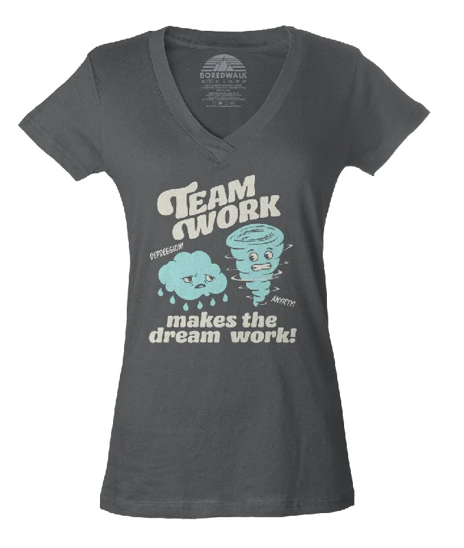 Women's Team Work Makes the Dream Work Vneck T-Shirt Welt Pockets Slit Pockets Flap Pockets