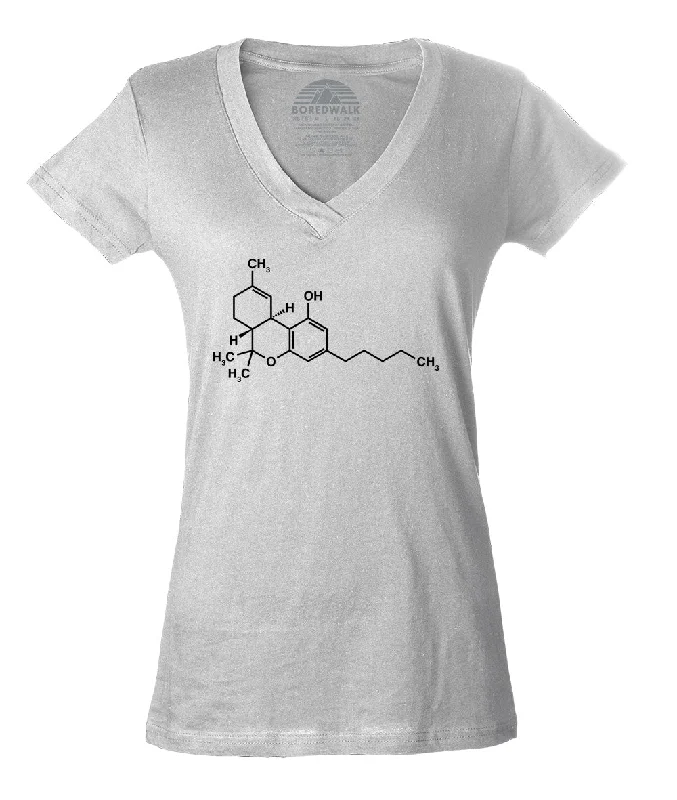 Women's THC Molecule Vneck T-Shirt - Stoner 420 Cannabis Shirt Solid Print Embellished