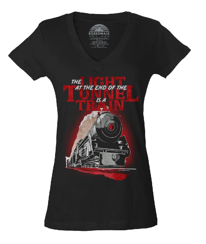 Women's The Light at The End of The Tunnel is a Train Vneck T-Shirt Spandex Blend Rayon Blend Denim Blend