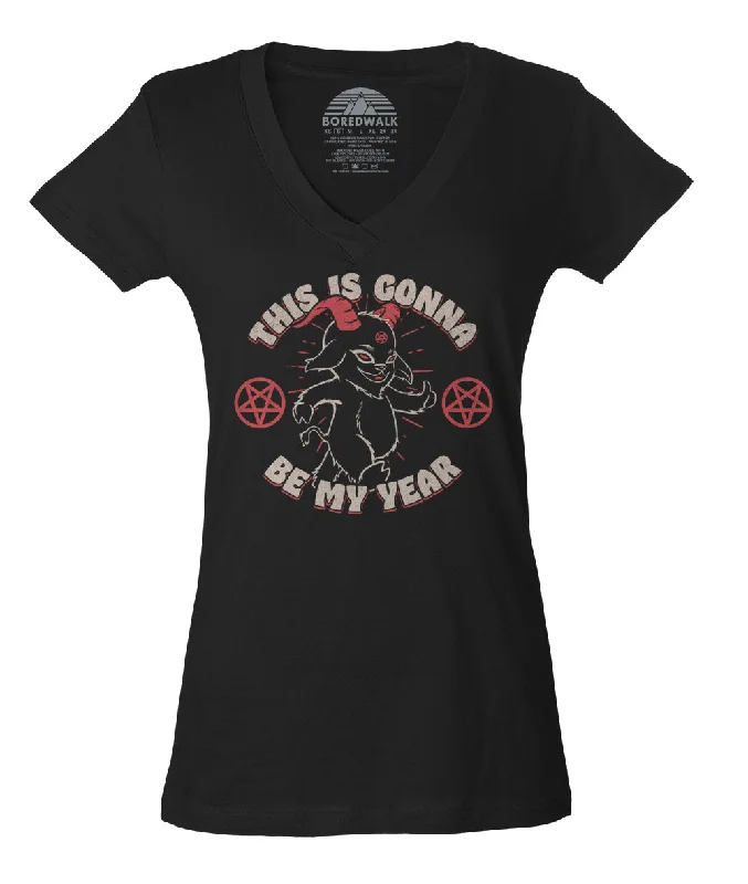 Women's This is Gonna Be My Year Devil Vneck T-Shirt Fleece Fabric Down Fabric Feather Fabric