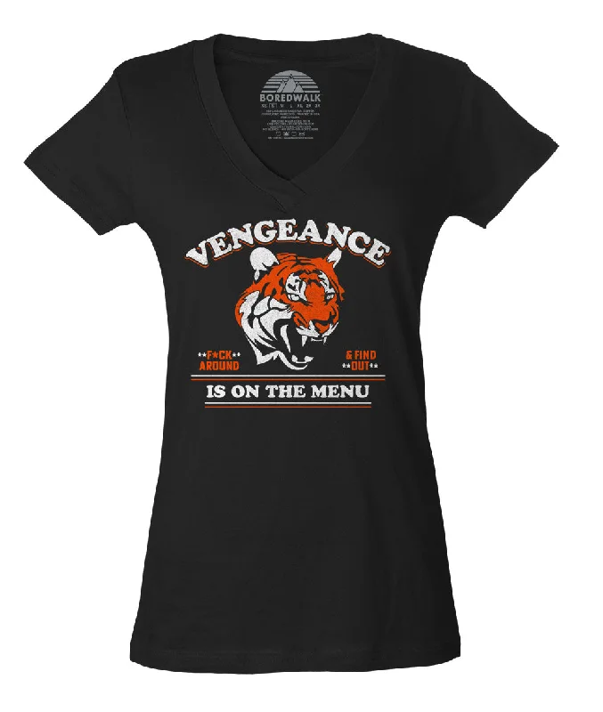 Women's Vengeance is On The Menu Vneck T-Shirt Notch Collar Peter Pan Collar Cowl Neck