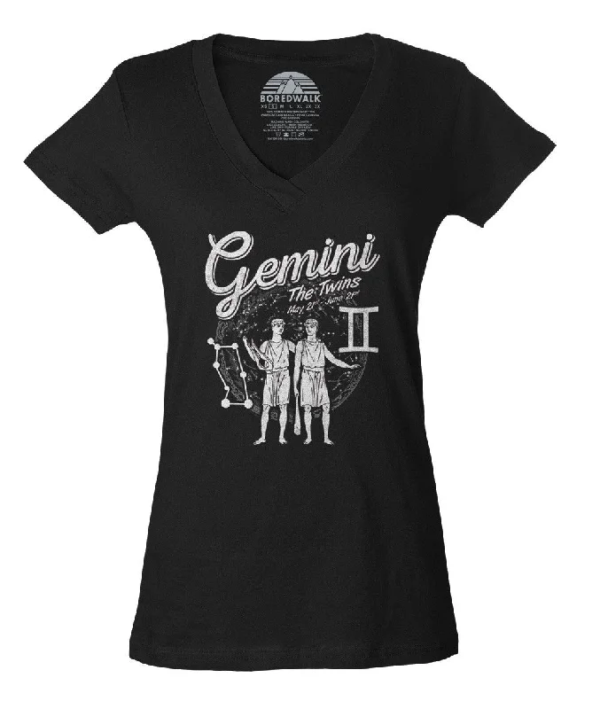 Women's Vintage Gemini Vneck T-Shirt Graphic Embroidered Appliqued