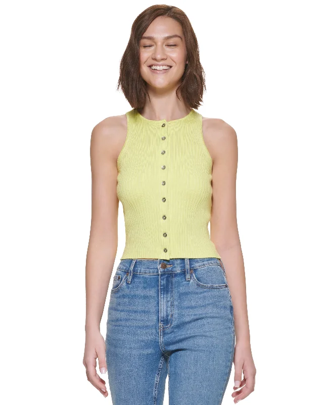 Calvin Klein Jeans Ribbed Button-Down Sleeveless Top Chic Rip-Detail High-Waist Jeans