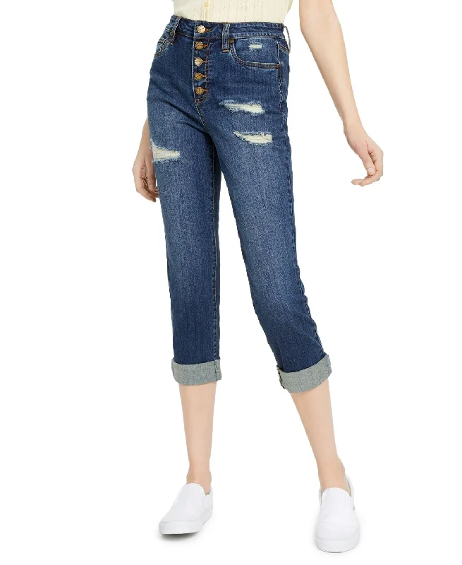 Dollhouse Juniors' Roll-cuff Button-fly Jeans Driftwood Wash Stylish High-Waist Jeans