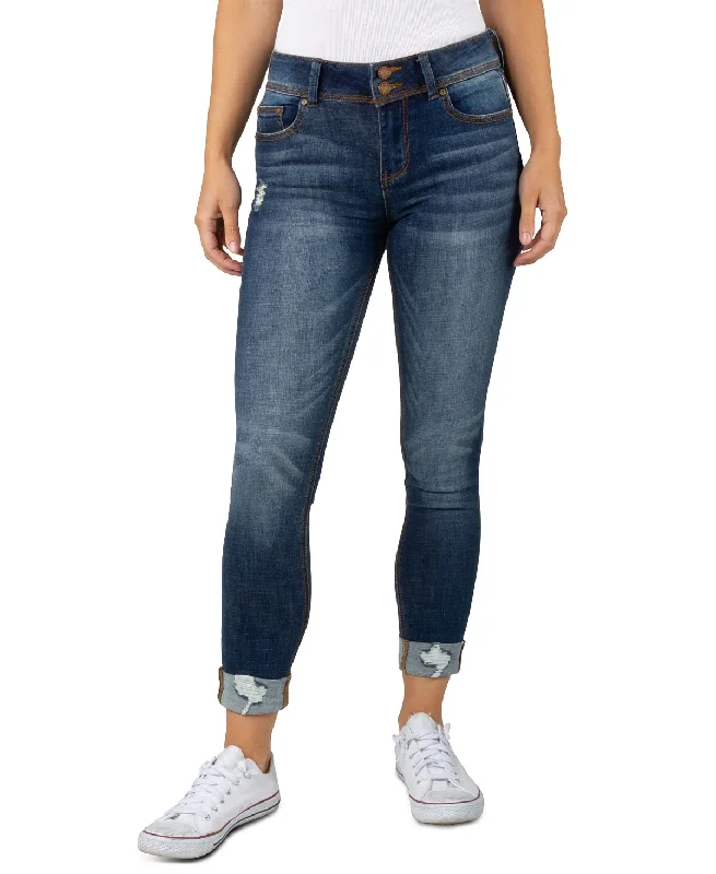 Indigo Rein Juniors' Roll-cuff Skinny Jeans Dark Blue Comfortable Straight-Legged Denim