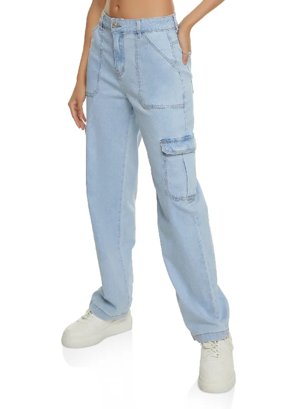 WAX Wide Leg Pocket Detail Cargo Jeans Fashionable White Denim Jeans