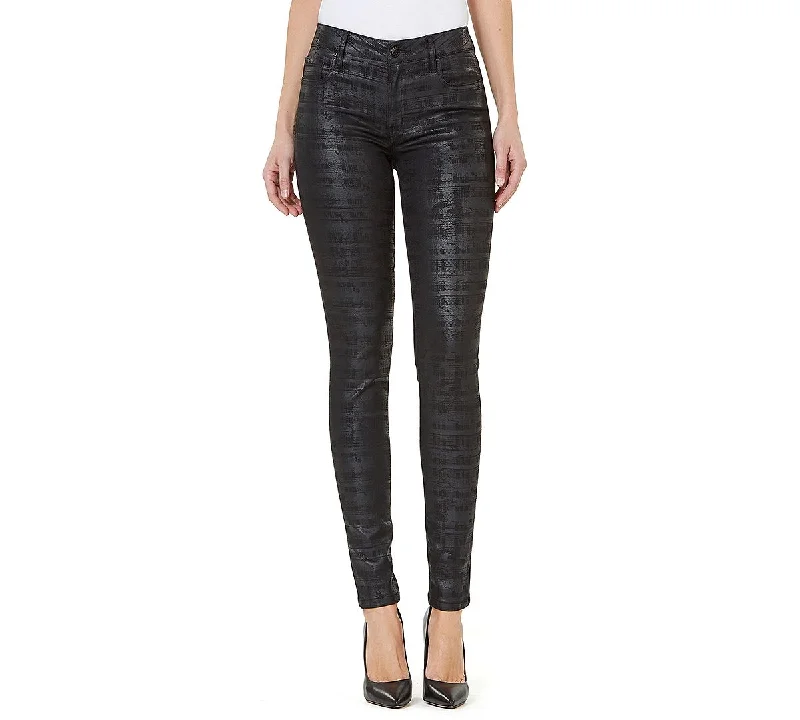 Numero Mid-rise Coated Check-print Skinny Jeans Black Fashionable Raw Hemmed Jeans