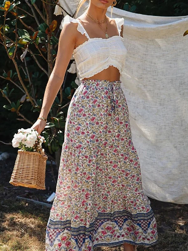 Floral Boho Casual Maxi Skirt flowy skirt hem