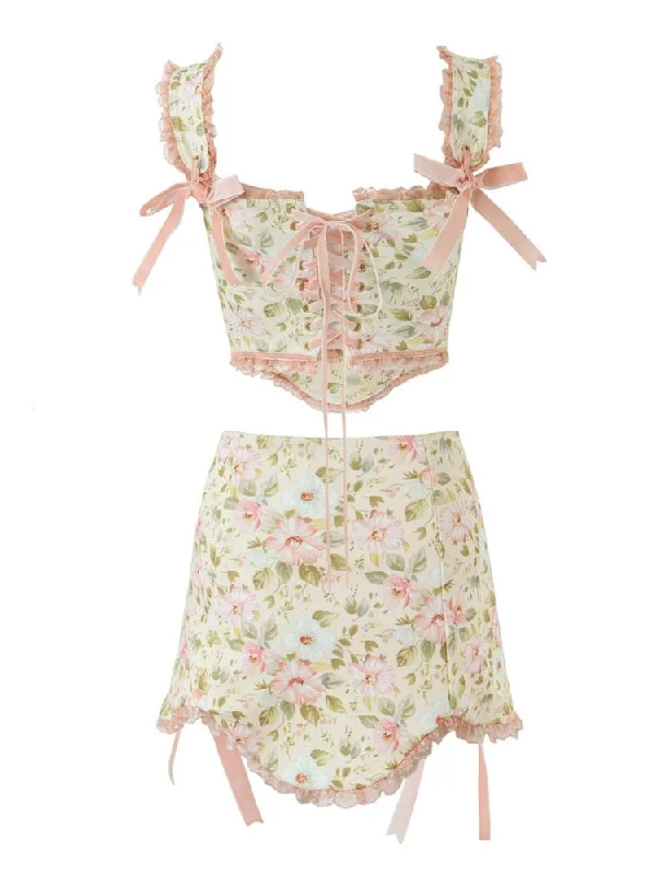 Sexy Floral Print Bow Cross Lacing up Back Corset Wood ears Crop Top + High Waist Ribbon Asymmetric Mini Skirt 2 pieces 1 set chiffon skirt delicate