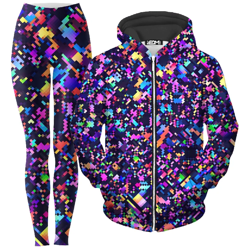 8-Bit Confetti Zip-Up Hoodie and Leggings Combo Trendy Adjustable Waist Leggings