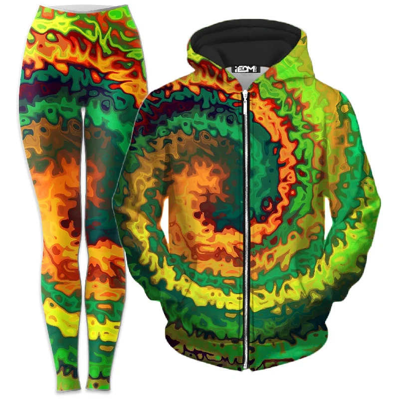 Abstract Rotation Zip-Up Hoodie and Leggings Combo Elegant Shiny Black Leggings