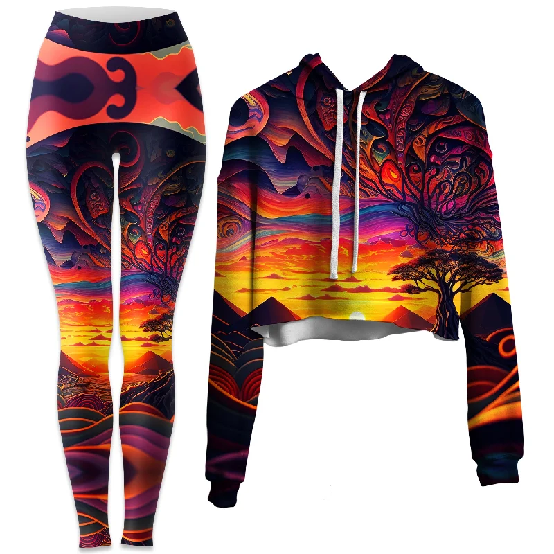 Acid Sunset Crop Hoodie and Leggings Combo Trendy Colorblock Print Leggings