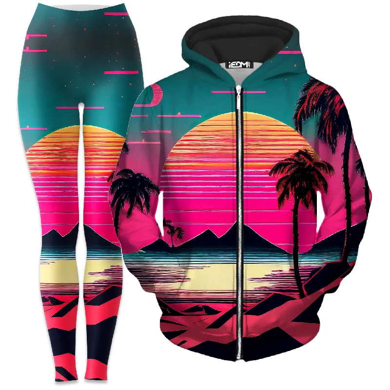 Beach Sunset Zip-Up Hoodie and Leggings Combo Cozy Lounge Pants Leggings